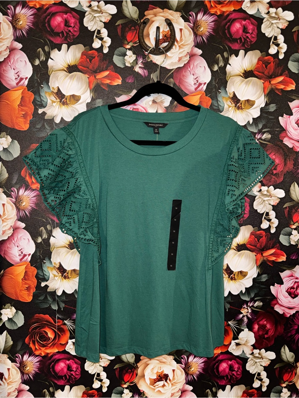 Banana Republic Teal Eyelet Flutter-Sleeve Top, Medium, NWT